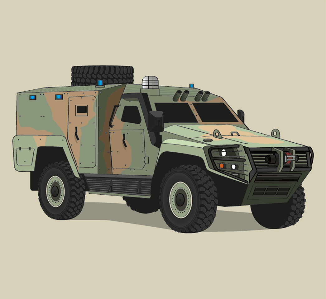 Illustration of armoured vehicle and delivery info