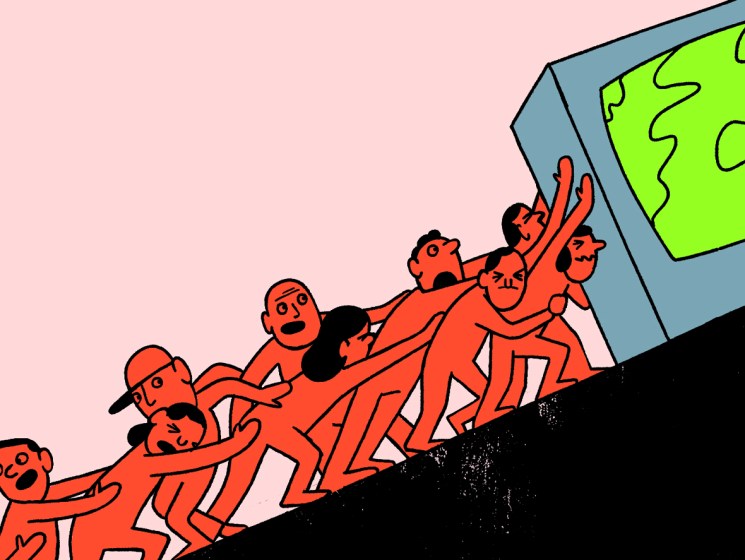 Illustration of people climbing uphill pushing a large television displaying Earth