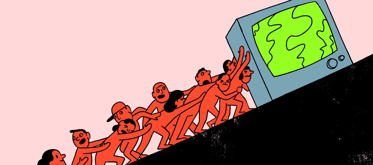 Illustration of people climbing uphill pushing a large television displaying Earth