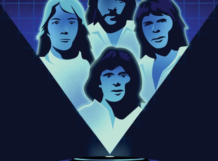 Stylized holographic illustration of four people arranged in a triangular formation