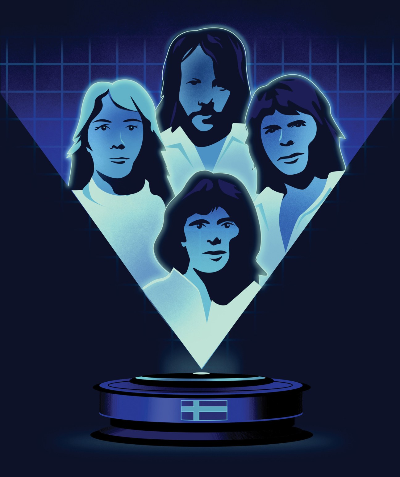 Stylized holographic illustration of four people arranged in a triangular formation