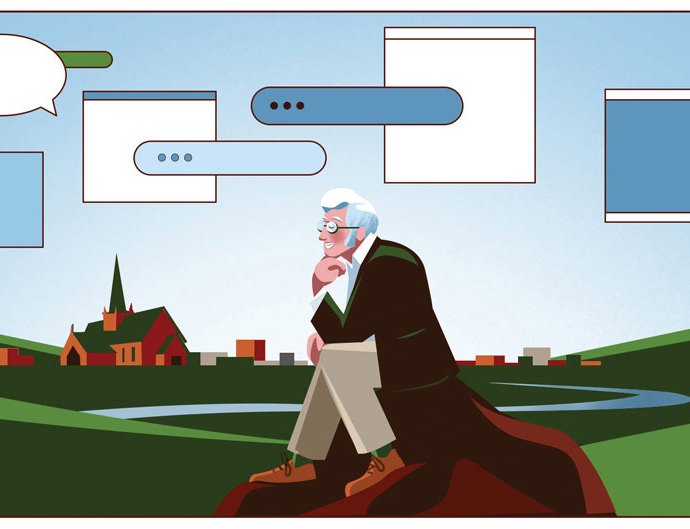 Illustration of a contemplative figure overlooking a small town nestled in green hills with digital communication bubbles