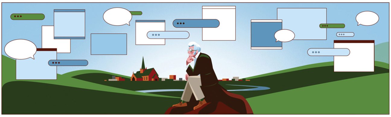 Illustration of a contemplative figure overlooking a small town nestled in green hills with digital communication bubbles