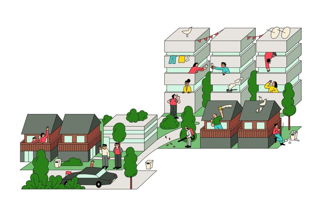 Illustration showing contrast between single-family homes and high-rise apartment building with residents visible