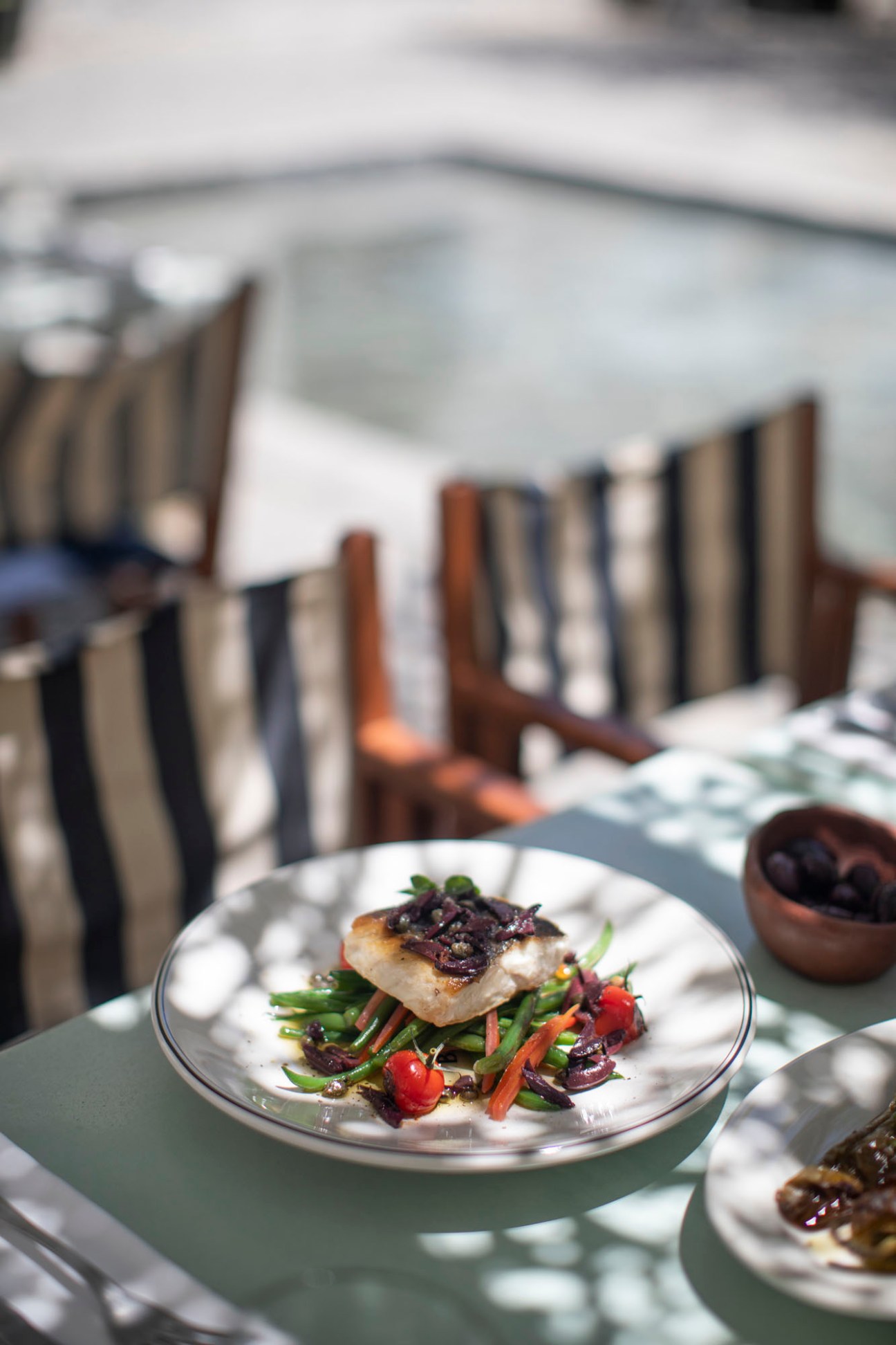 Grilled fish fillet with vegetables served on a white plate at an outdoor dining table.
