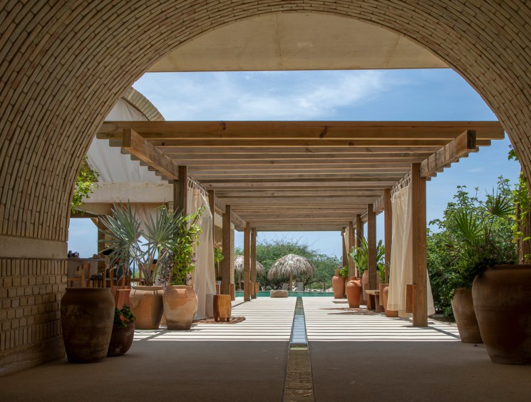 Curved brick archway framing wooden pergola walkway with terracotta pots and tropical plants