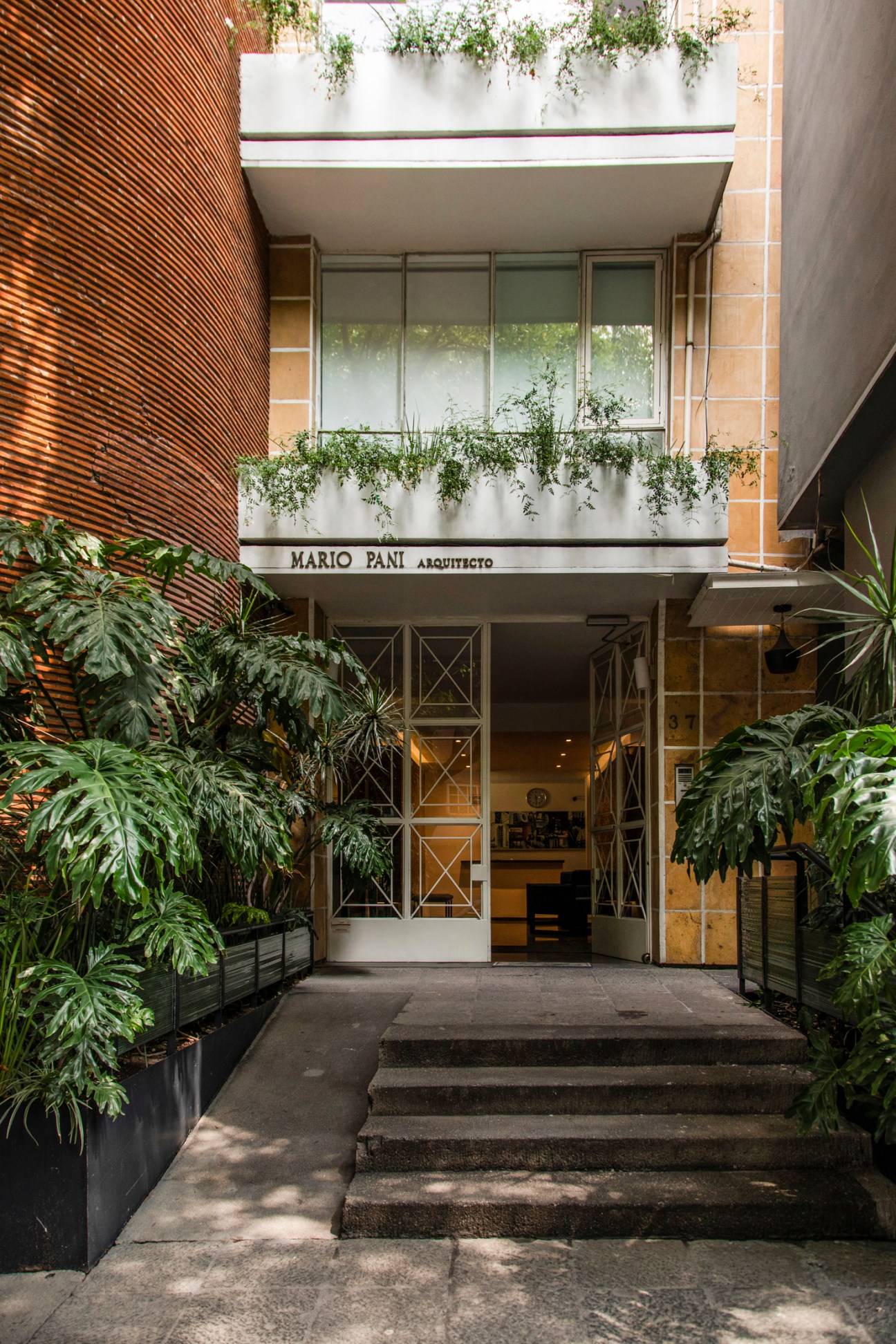 Modern apartment building entrance with glass doors, concrete steps, and lush tropical plants on either side