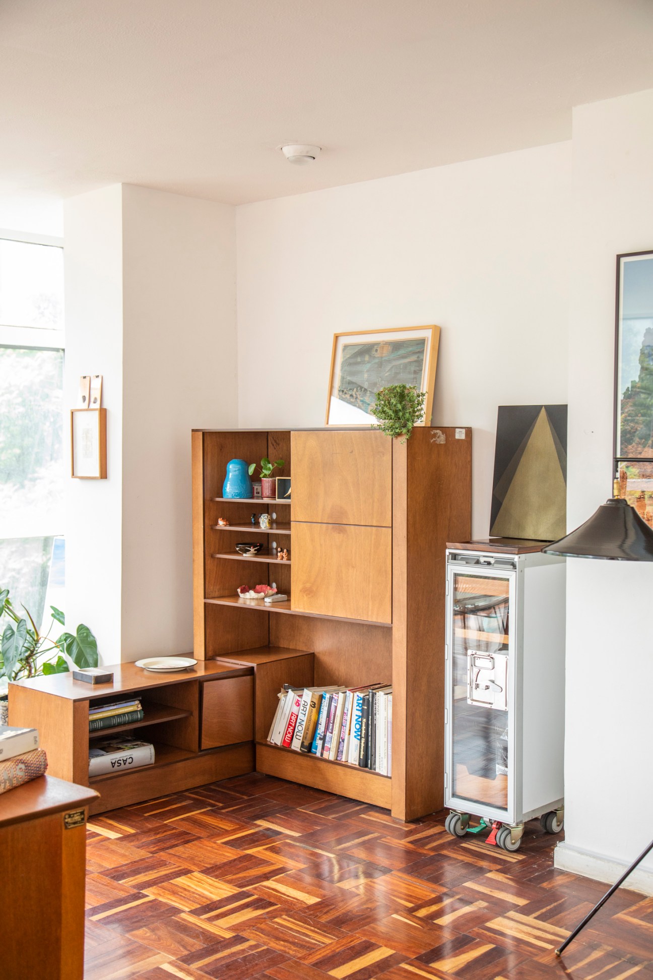 Modern kitchen corner with wooden built-in shelving, books, decorative objects and stainless steel appliances
