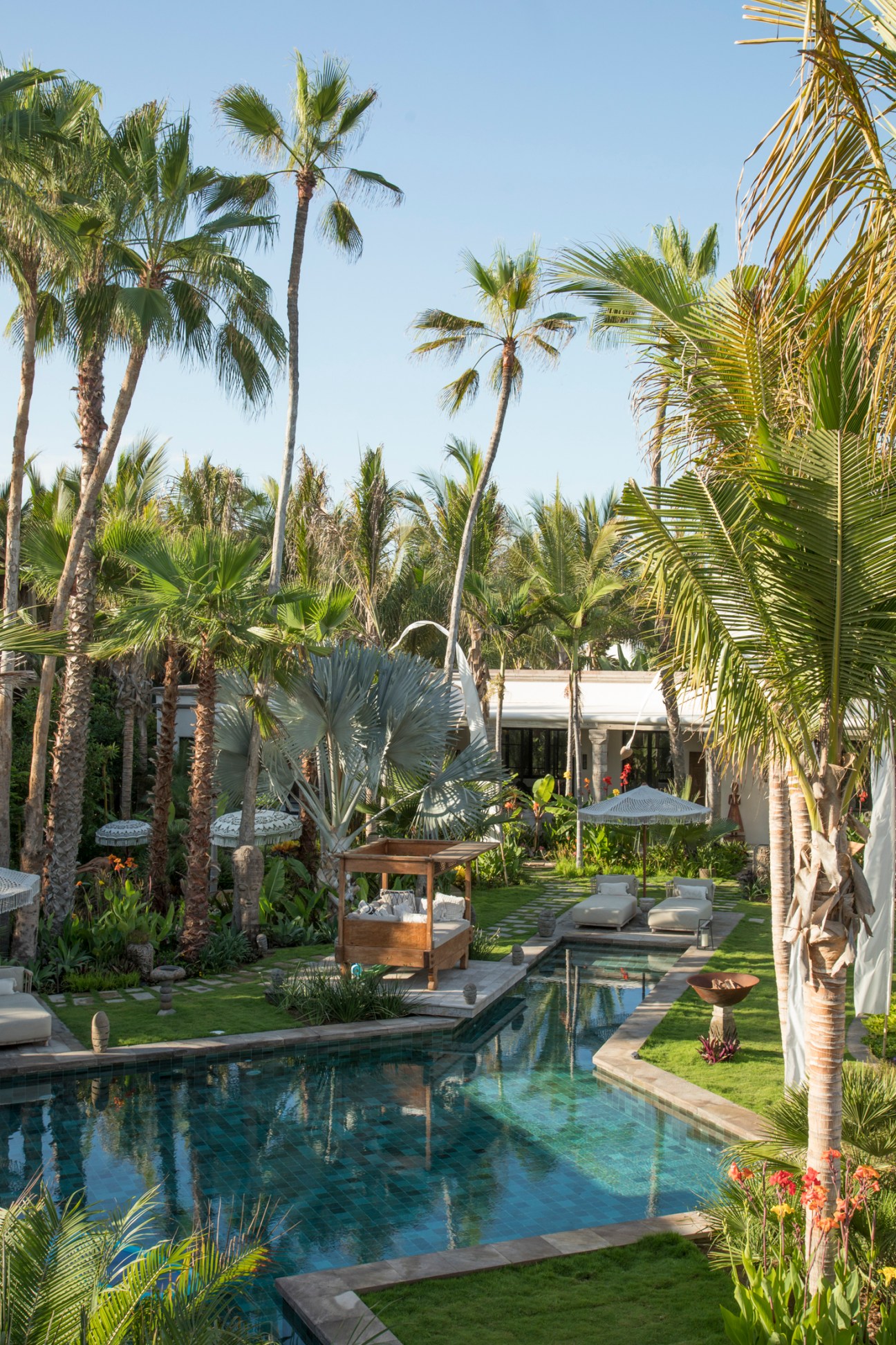 Tropical resort pool area with palm trees, lounge chairs, and modern villa architecture in Baja California