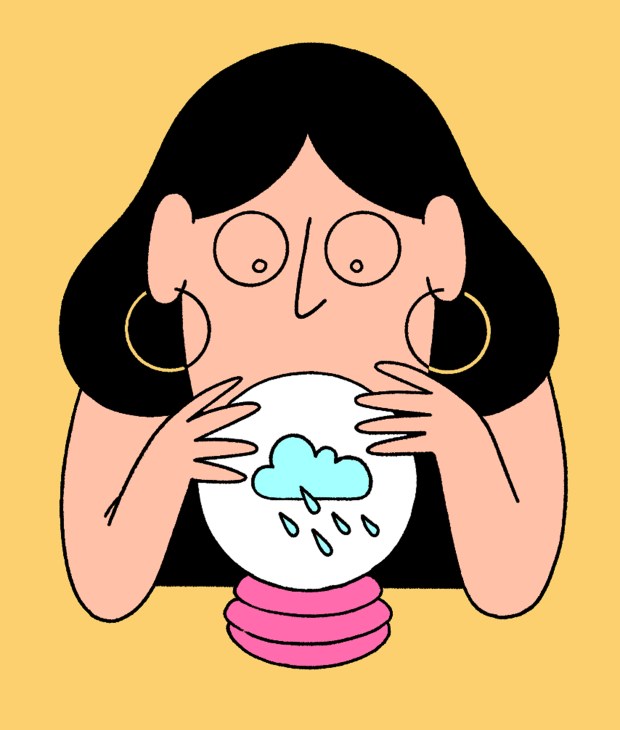 Illustration of a woman with a crystal ball showing rain cloud and weather forecast symbols