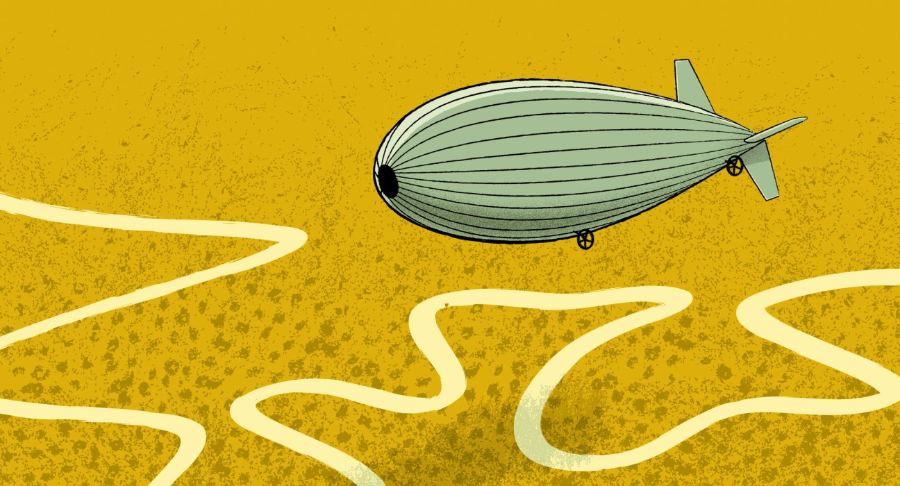 Illustration of a stylized airship with pale green envelope and propellers against a golden yellow textured background with white curved lines.