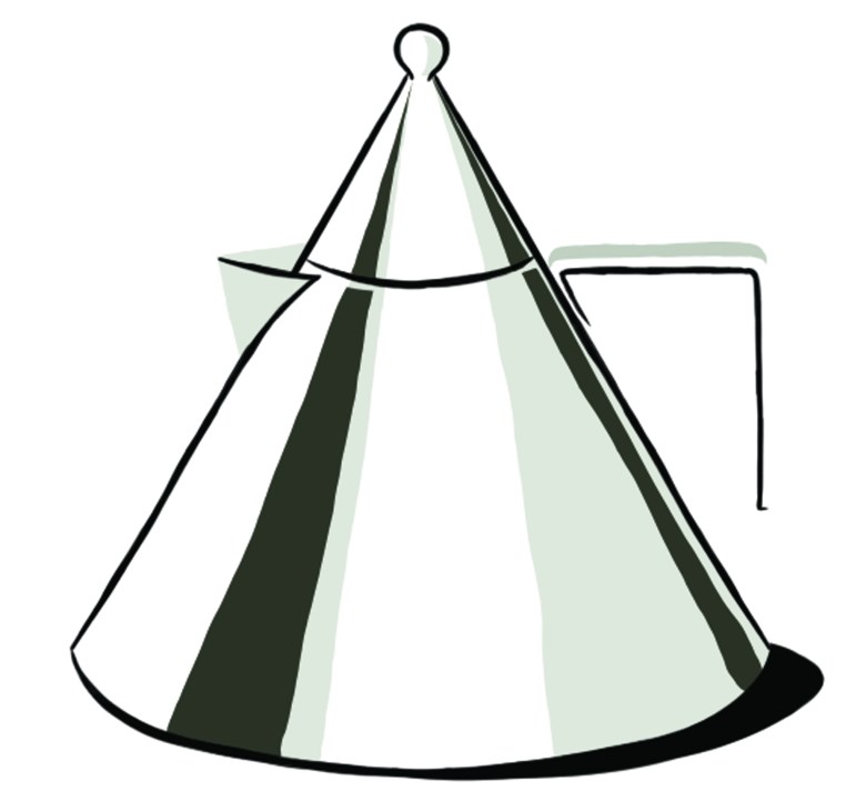 Aldo Rossi's Il Conico kettle with conical design and geometric forms in white and green tones