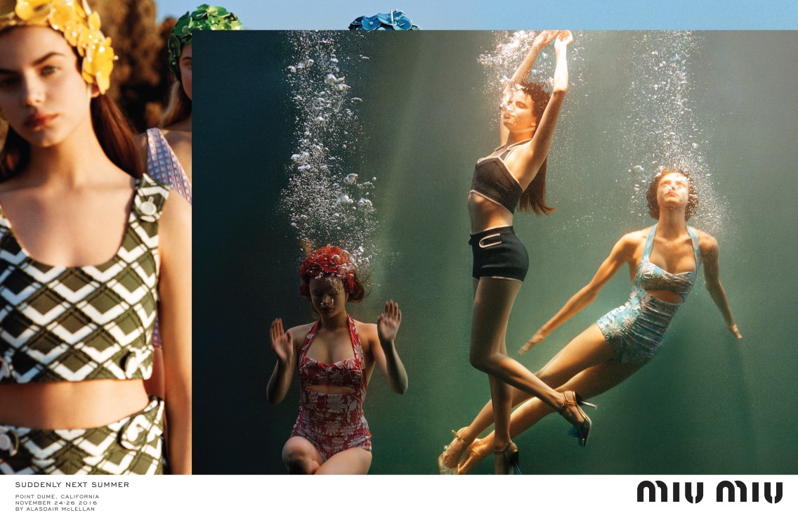 Miu Miu campaign featuring models in swimwear photographed underwater and on beach by Alasdair McLellan.