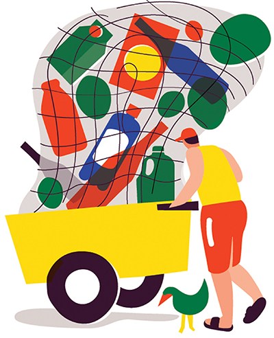Illustration of a person pushing a yellow cart filled with colorful abstract geometric shapes and circles.