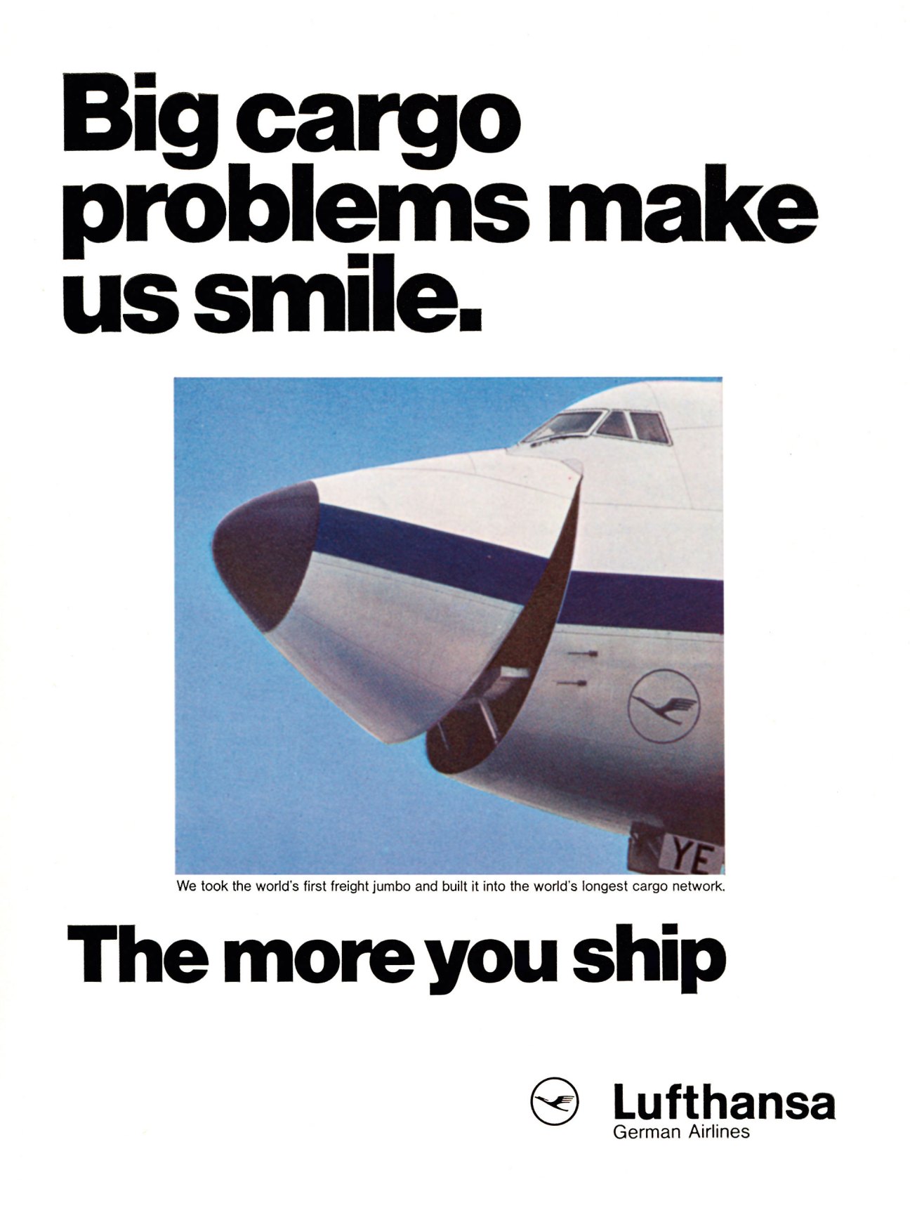 Lufthansa cargo aircraft advertisement showing large aircraft engine with humorous text "Big cargo problems make us smile