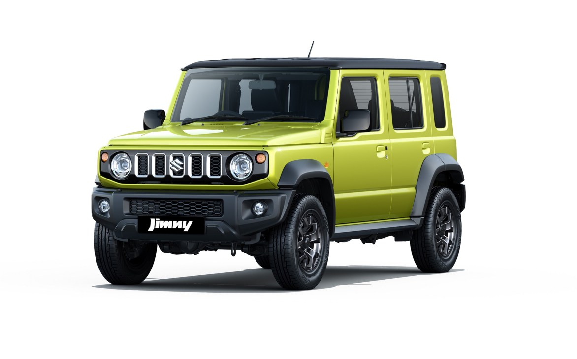 Yellow Suzuki Jimny five-door SUV with black roof and trim on white background