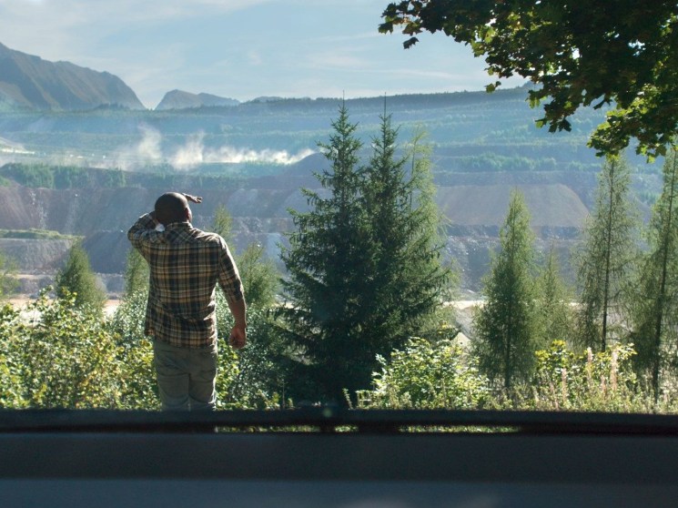 A man in plaid shirt looking out over mountainous Austrian landscape with trees in foreground