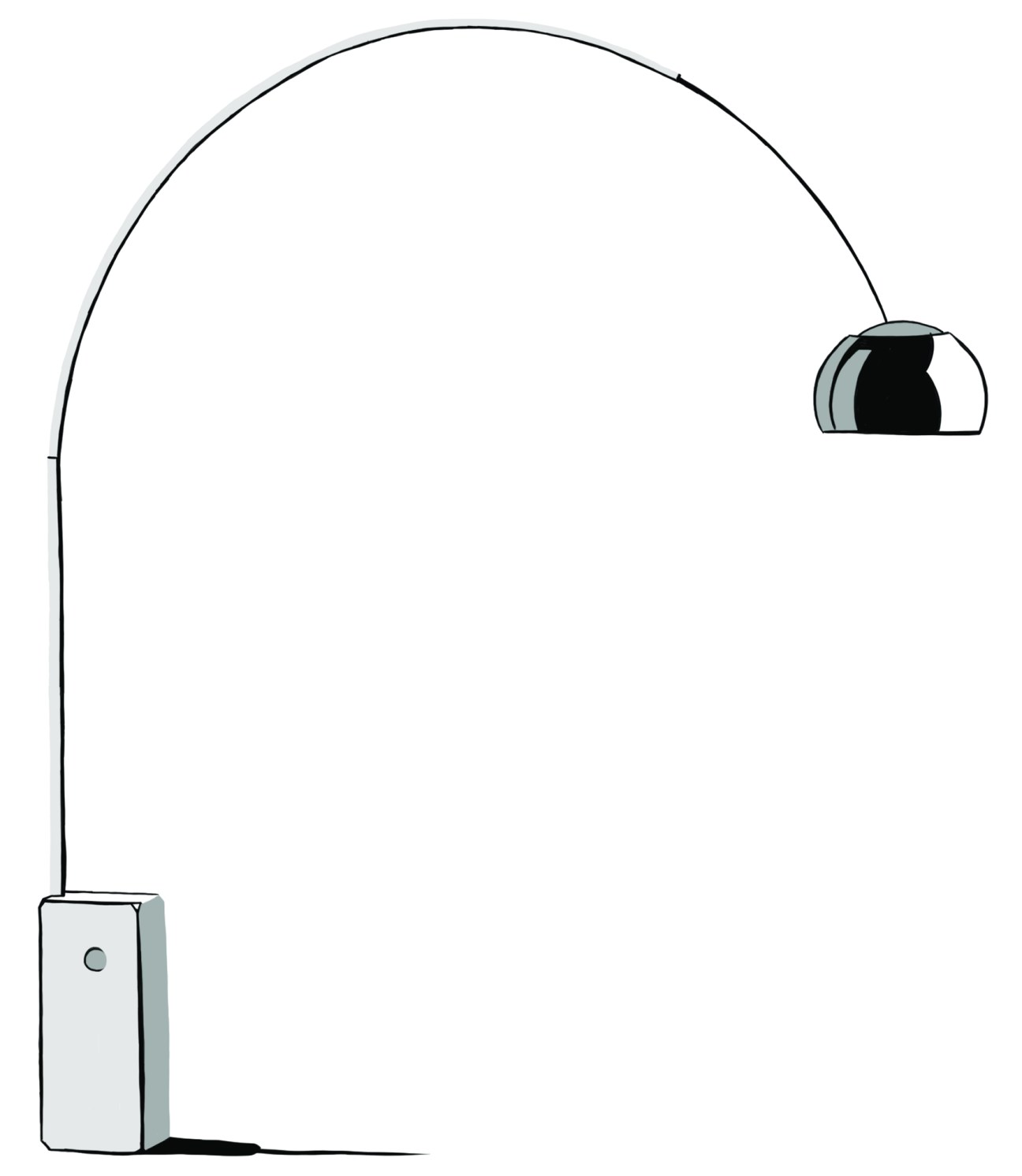 Arco lamp with curved steel stem extending from marble base to dome shade