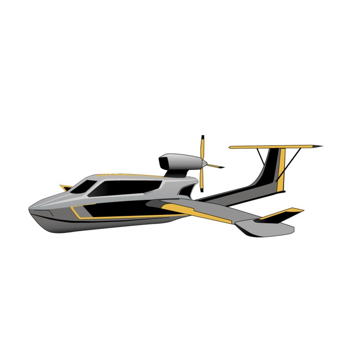 Illustration of the Aron M80 flying ship with grey hull, yellow accents, propeller and wing design.