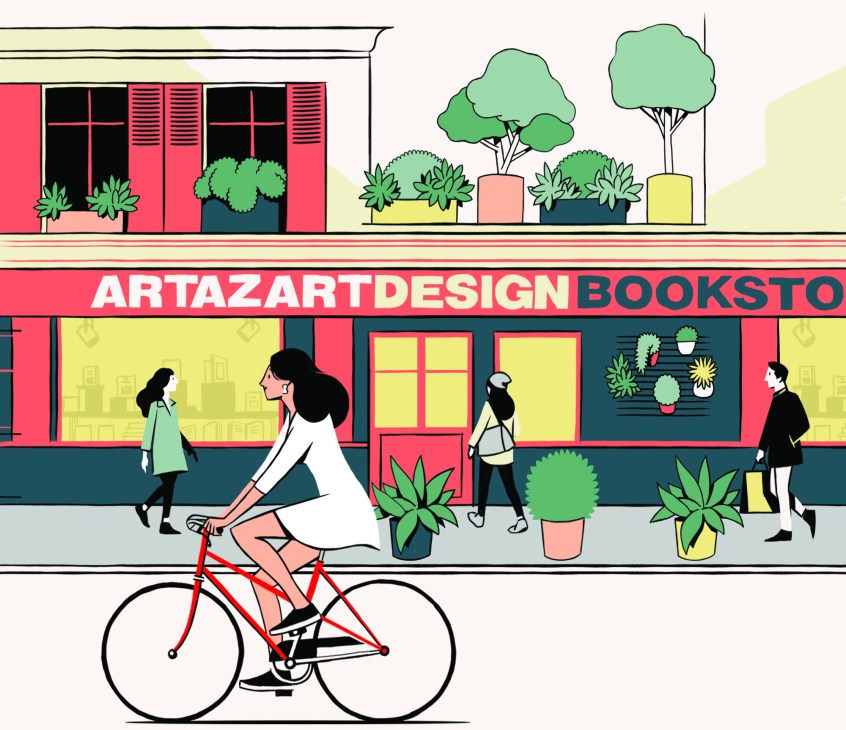 Illustration of Artazart design bookstore in Paris with storefront, people browsing, and potted plants.