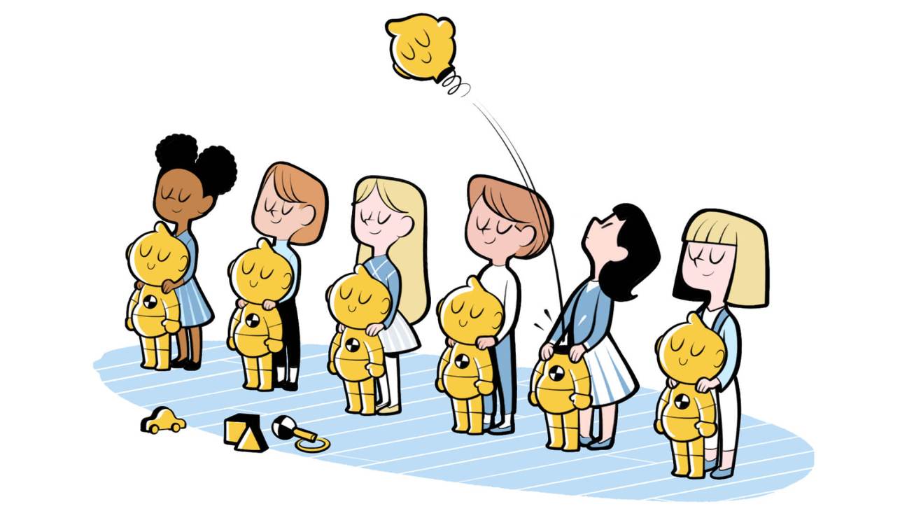 Six diverse women holding yellow practice dolls during a babysitting training course