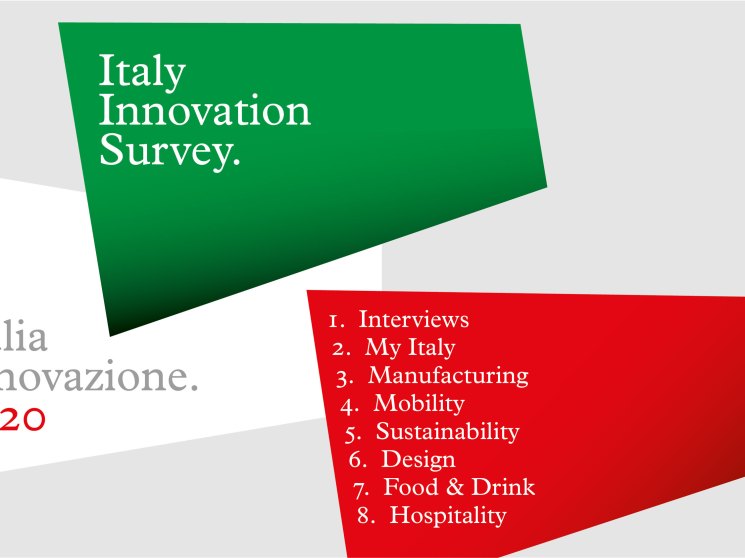 Italy Innovation Survey cover showing geometric green and red shapes with numbered contents list
