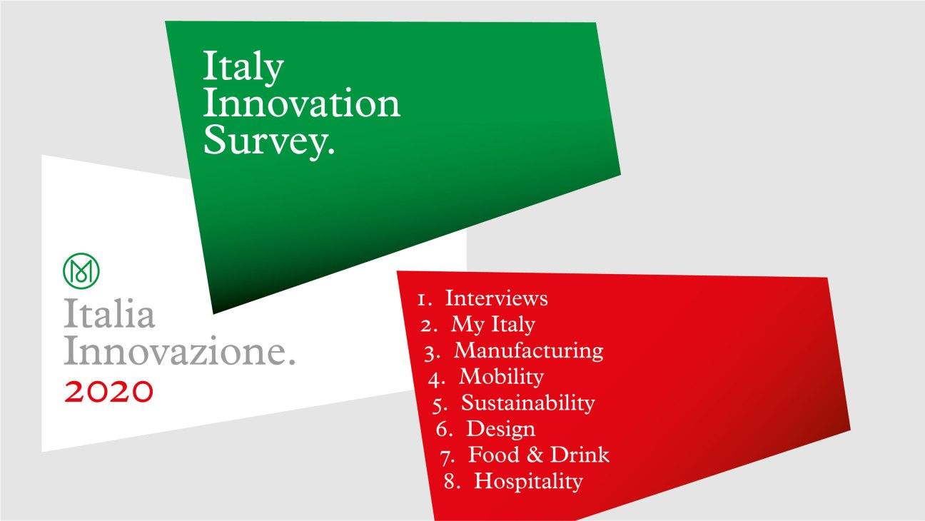 Italy Innovation Survey cover showing geometric green and red shapes with numbered contents list