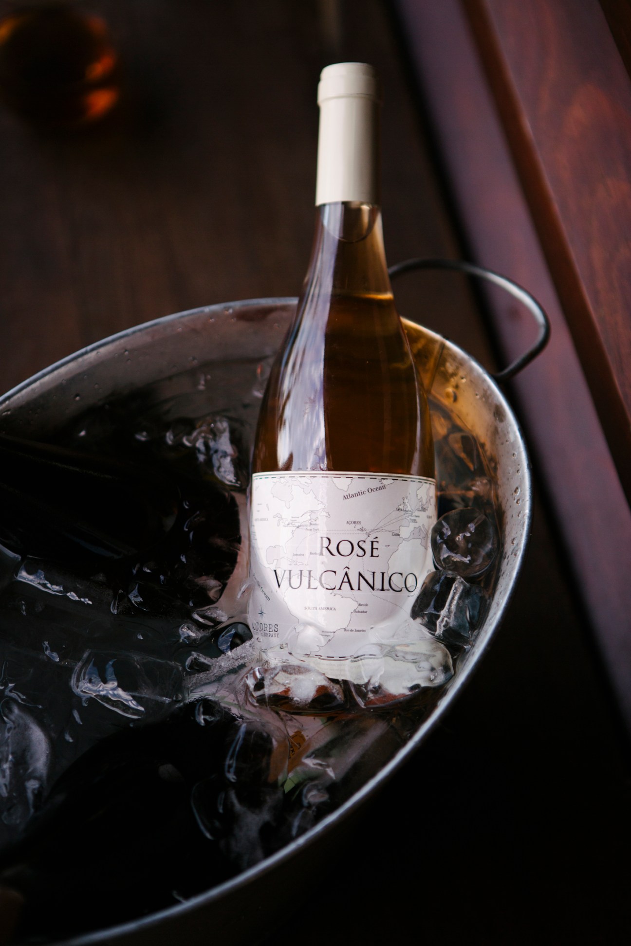 Bottle of Rosé Vulcanico wine chilling in ice bucket