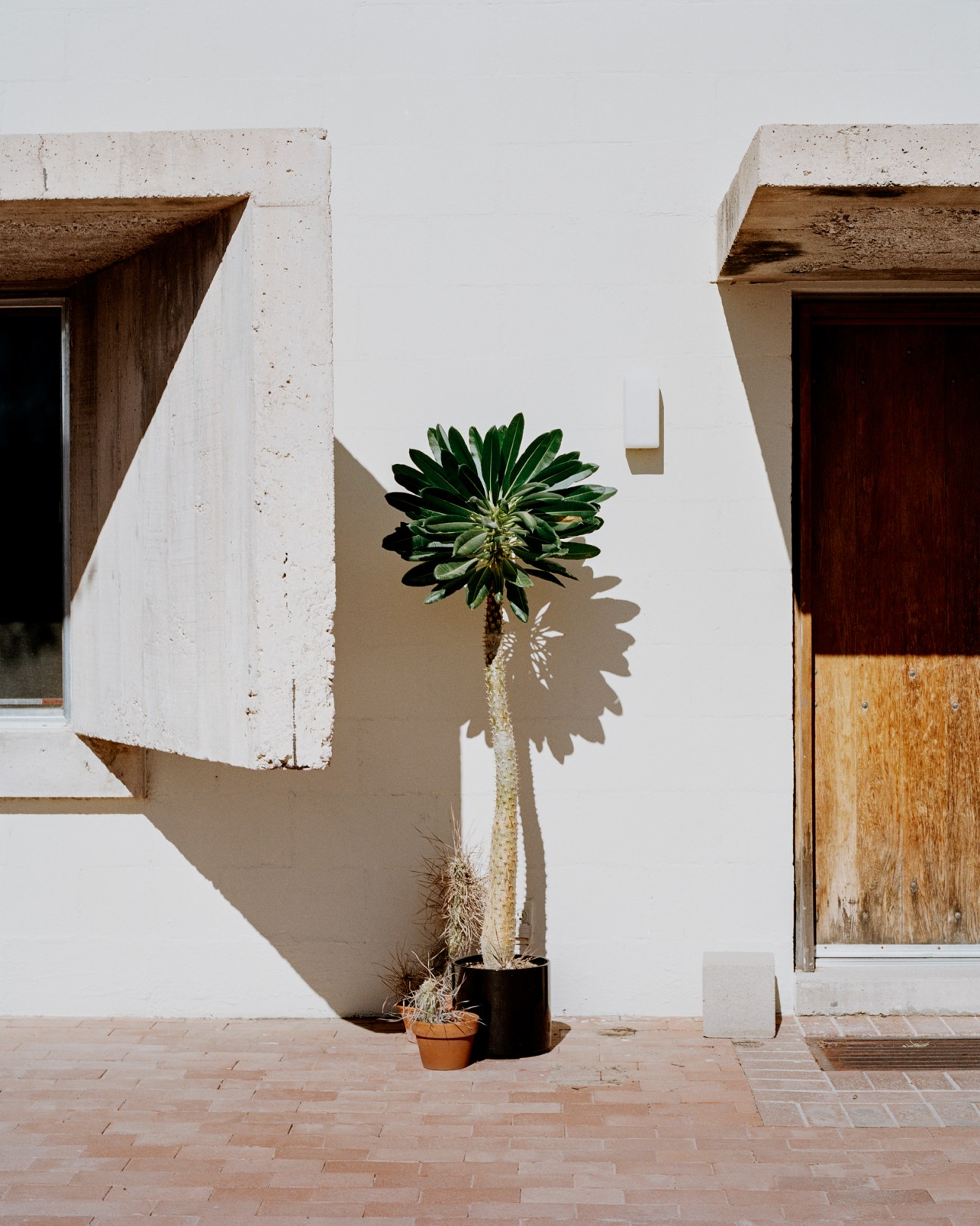 Modern concrete building exterior with deep-set hooded windows creating strong shadows