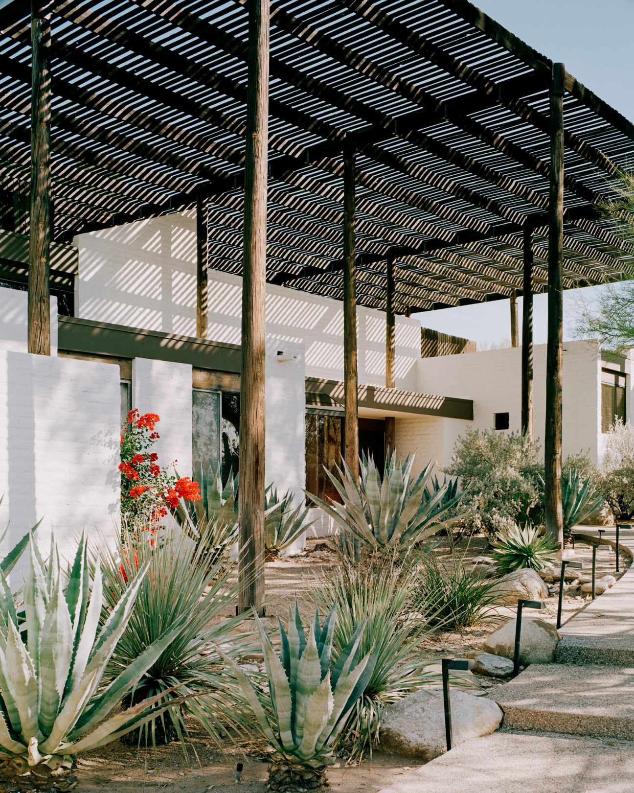 Wooden slatted pergola roof structure creating geometric shadow patterns on white walls below