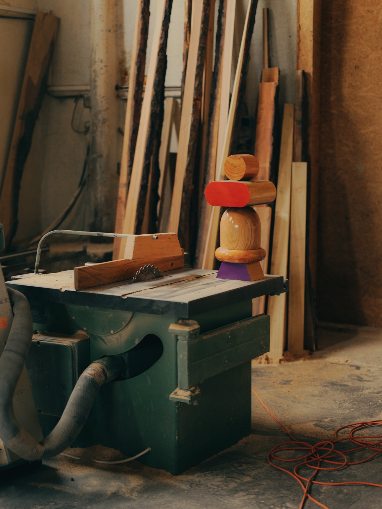 Wooden furniture components stacked in a workshop with wood planks visible in the background.