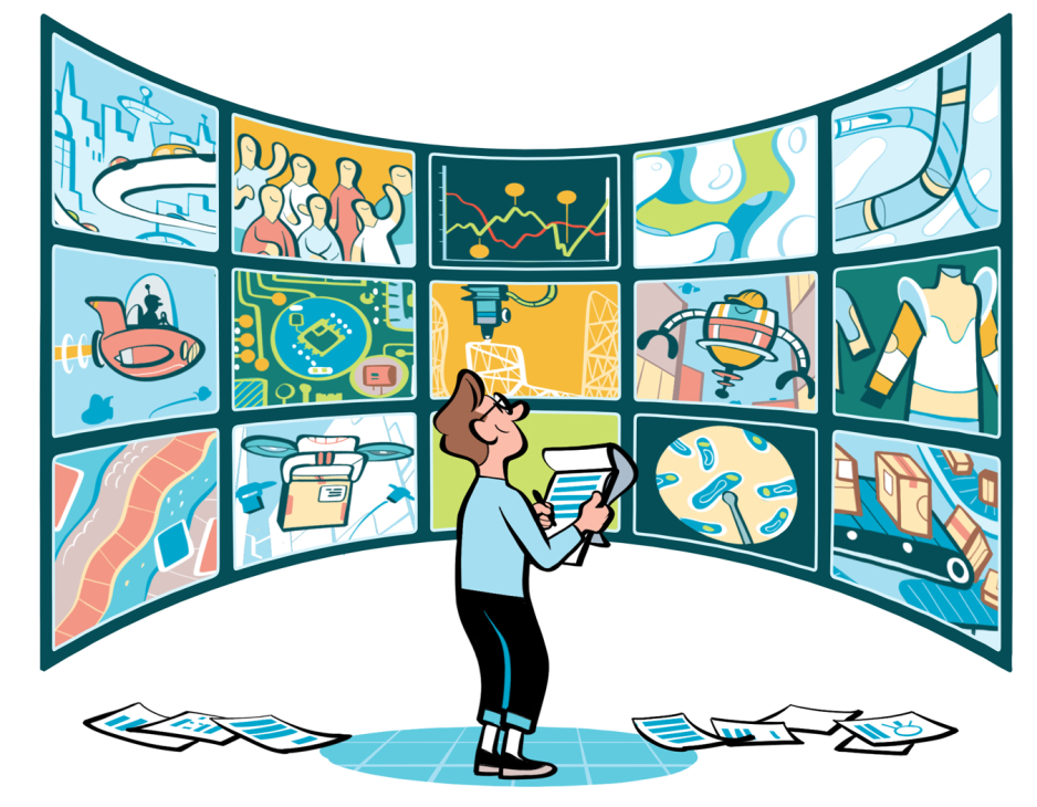 Illustration of person analyzing multiple screens displaying charts, data visualizations, and future scenarios