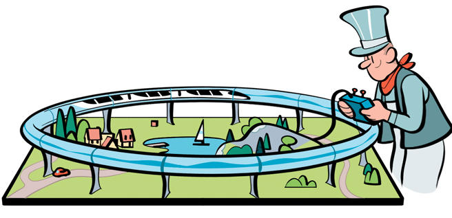 Man in top hat and formal attire operating controls while looking at miniature landscape on circular platform