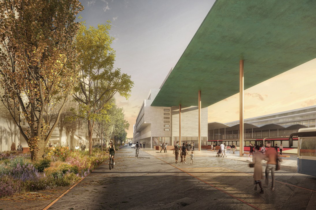 Architectural rendering of Lucerne's proposed underground train station with green canopy and public square