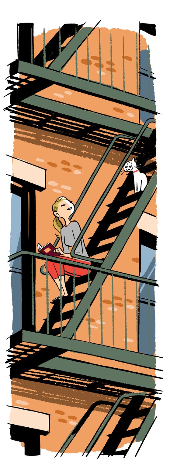 Illustration of a woman sitting on a fire escape with a cat, looking out from an orange brick building.