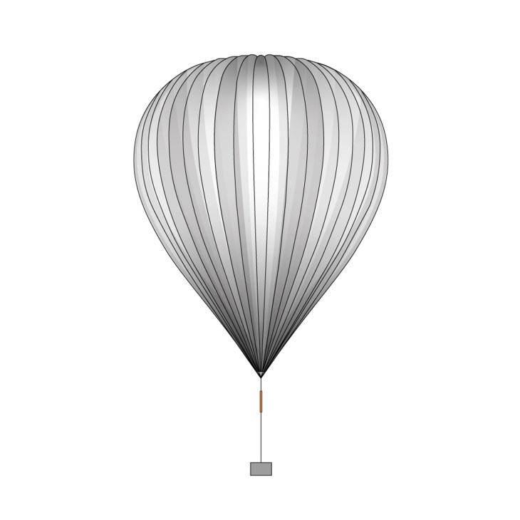Illustration of a high-altitude surveillance balloon with vertical ribbing and a payload gondola suspended below.