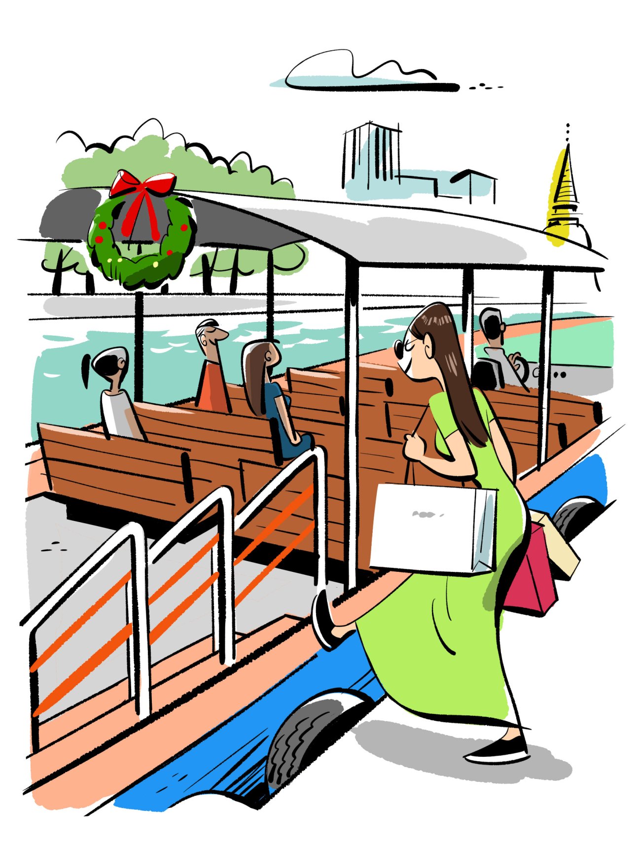 Woman with shopping bags boarding a passenger boat on a river with city skyline in background