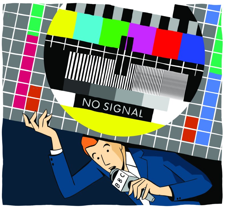Cartoon illustration of news reporter with microphone against TV test pattern background showing 'NO SIGNAL'