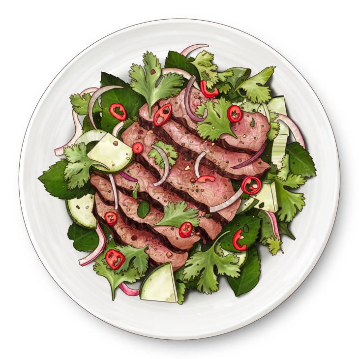 Asian-inspired beef salad with sliced meat, fresh herbs, cucumber, red chili rings and purple onion on white plate