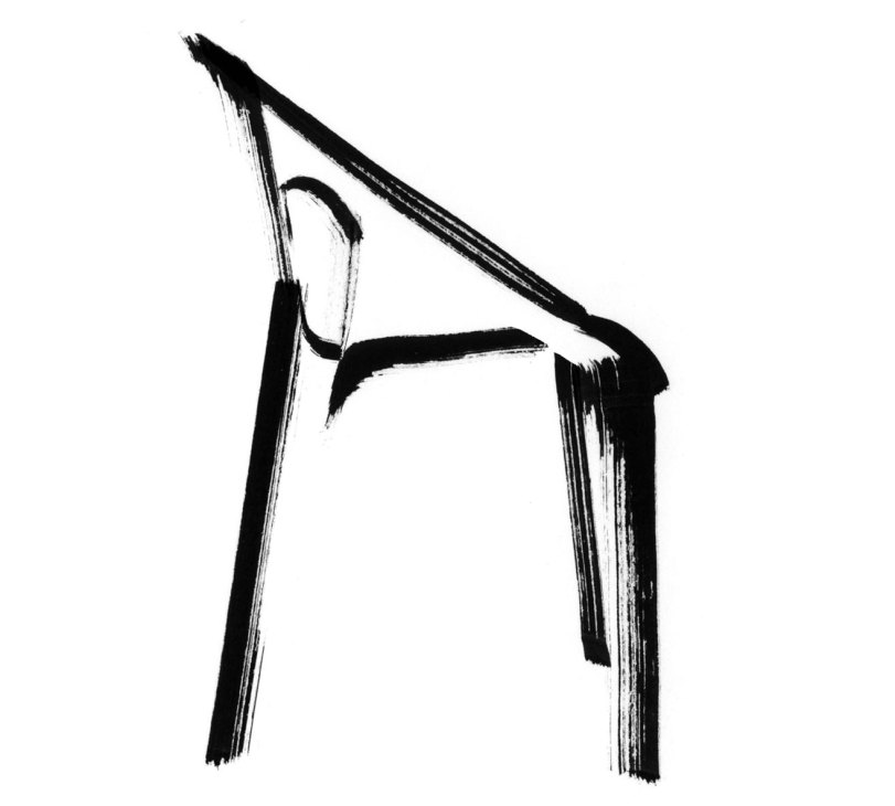 Black and white sketch of a modern chair with angular lines and geometric form