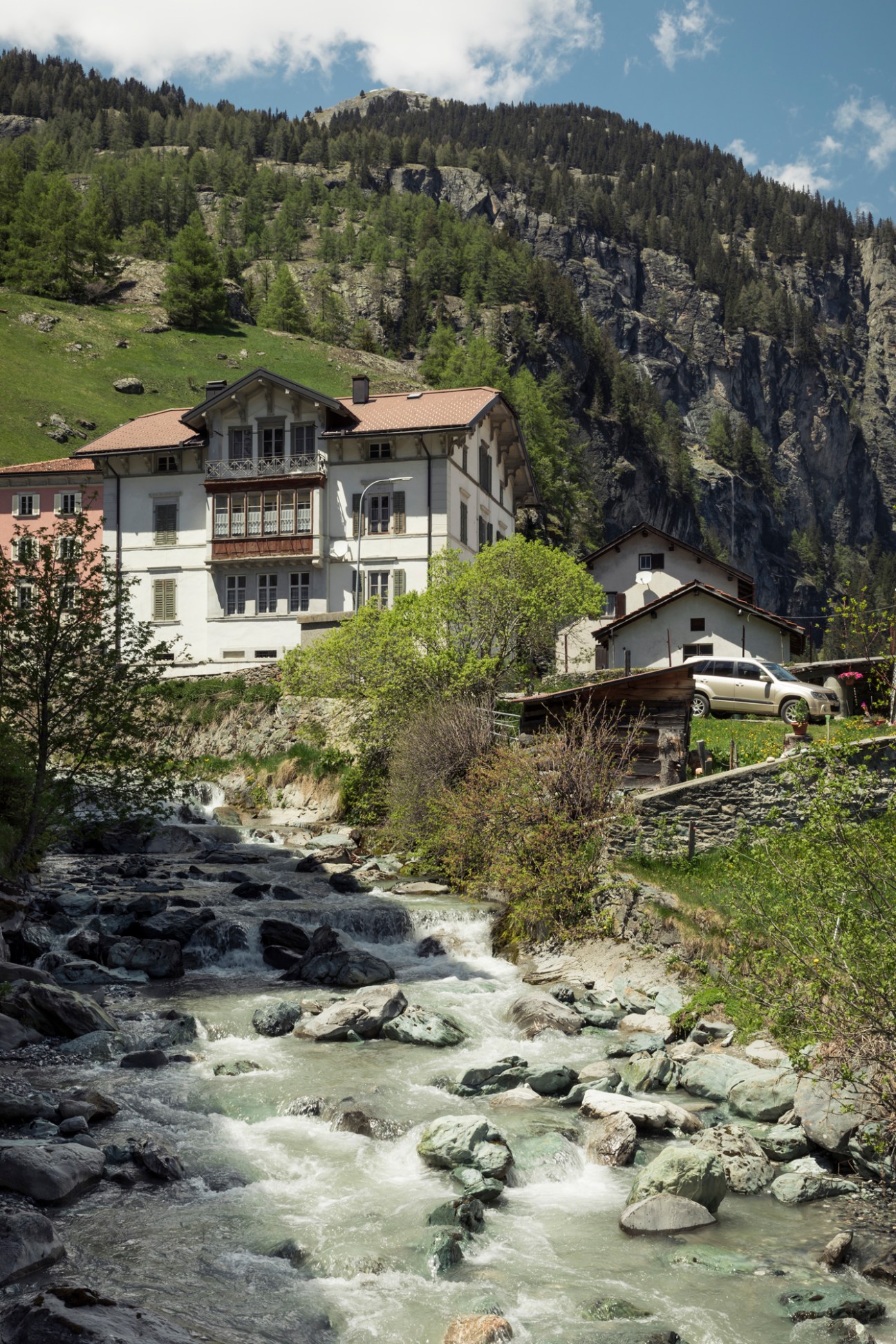 Traditional Swiss village building with subtle modern interventions