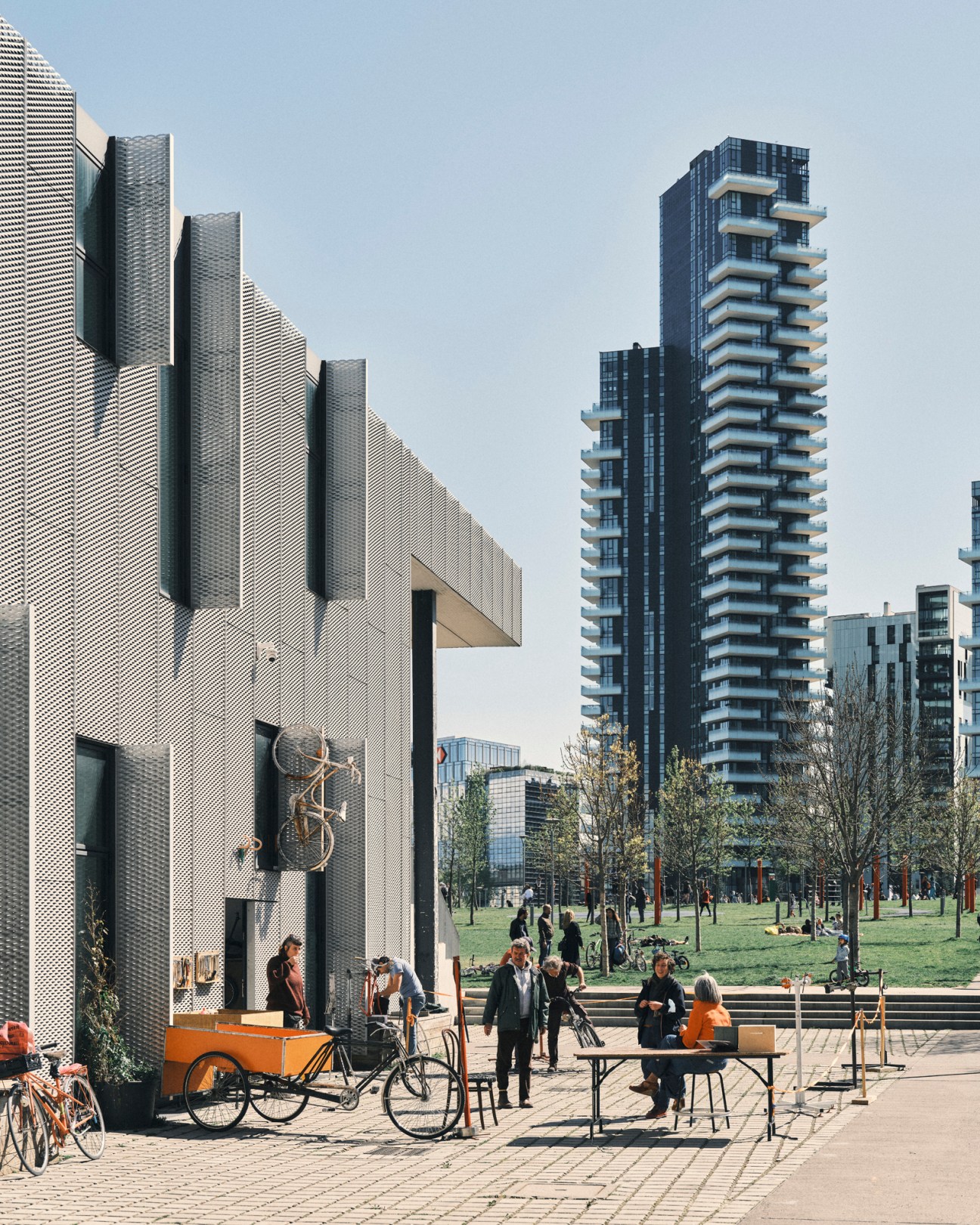 Modern building with distinctive metal latticed facade nicknamed 'The Grater' housing Ciclofficina Stecca bike workshop
