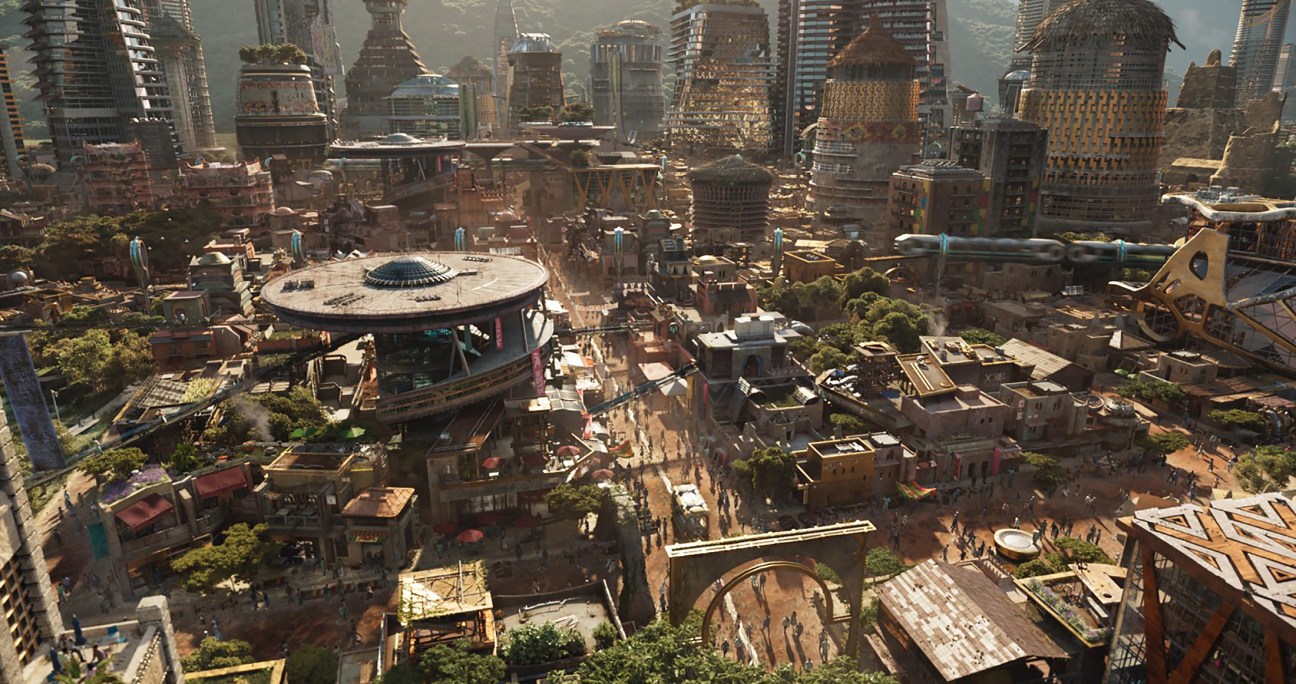 Futuristic cityscape from Black Panther showing golden spired buildings and advanced architecture