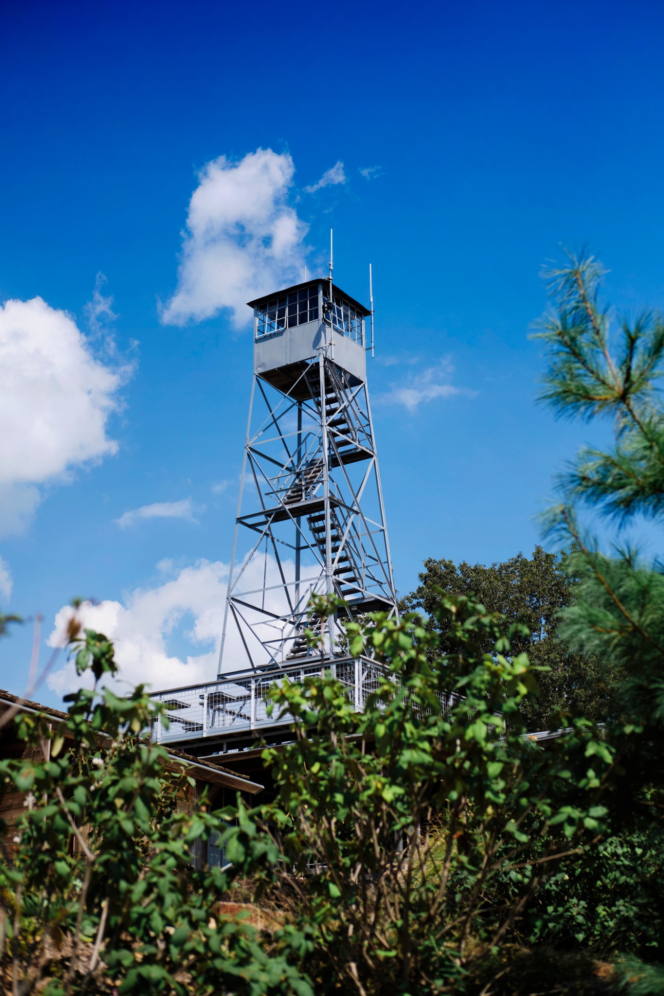 Tall metal observation tower with enclosed cabin top and external staircase against blue sky with white clouds and green foliage in foreground.