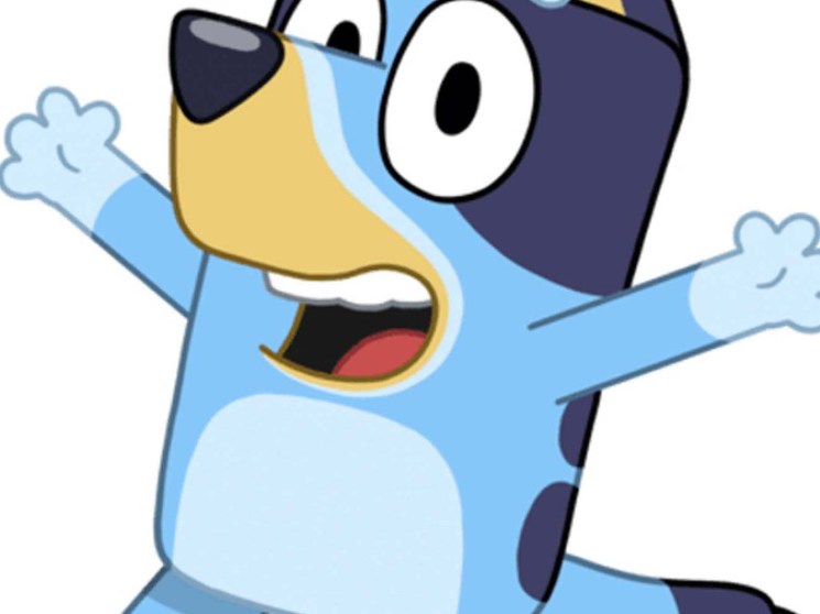 Bluey character illustration showing the animated blue heeler dog in her typical playful stance