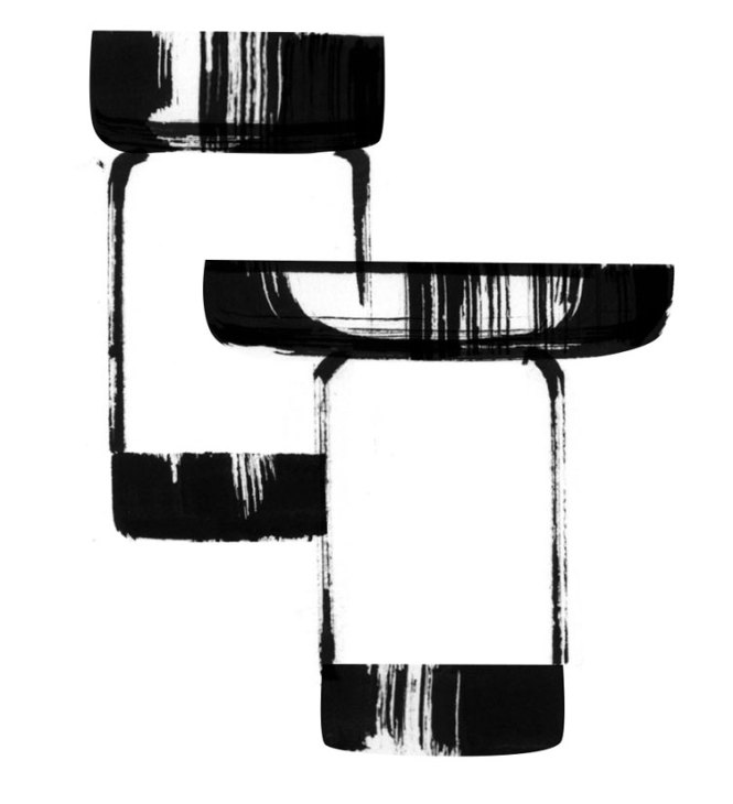 Black and white brushstroke illustration of Artemide's Bontà portable lamp with glass bowls stacked on illuminated base