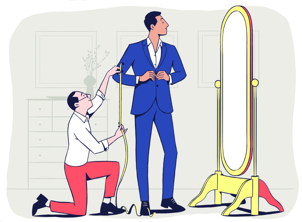 Illustration of a tailor measuring a man in a blue suit in front of a mirror in a fitting room.