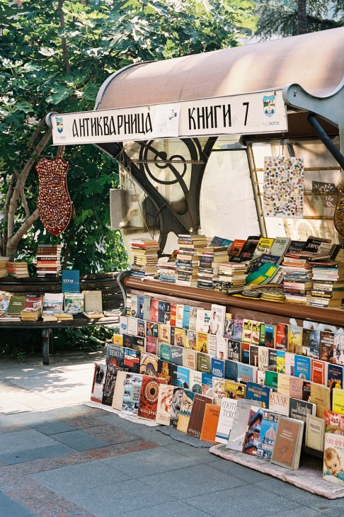 Street vendors selling books along the Vardar river in Skopje