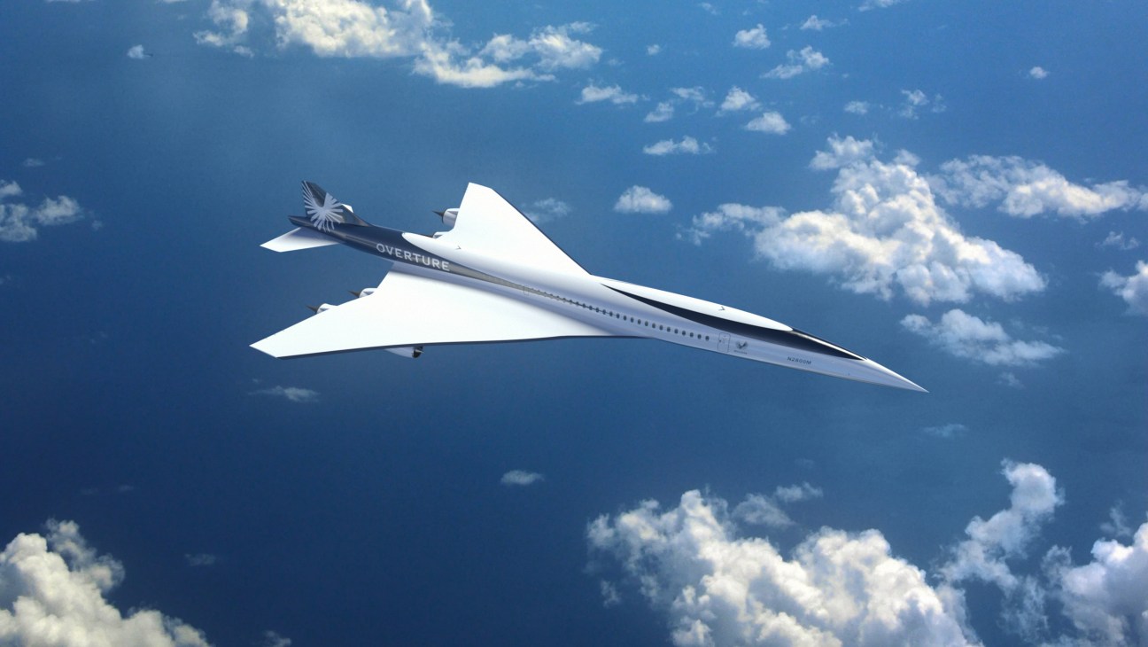 Boom Overture supersonic aircraft concept art showing sleek white passenger jet in flight