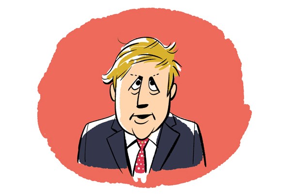 Illustration of Boris Johnson, UK Prime Minister, in a dark suit with red tie against a coral red circular background.